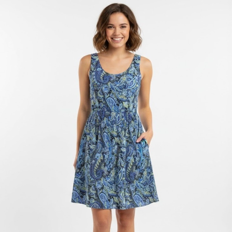 Lascana Paisley Fit And Flare Dress Womens 2 Blue Sleeveless Pockets Summer Boho